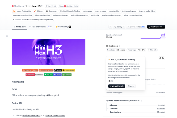 MiniMax H3 官方 Hugging Face 模型页截图
