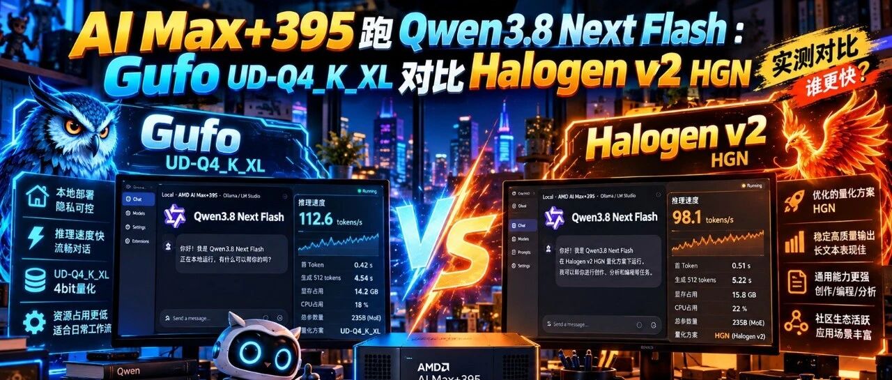 AI Max+395跑Qwen3.8 Next Flash：Gufo UD-Q4_K_XL对比Halogen v2 HGN
